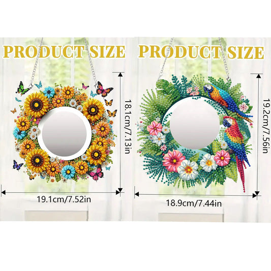 2pcs 2D Flat DIY Sunflower Parrot Hanging Mirror Diamond Art Kits Wall Door Decoratio