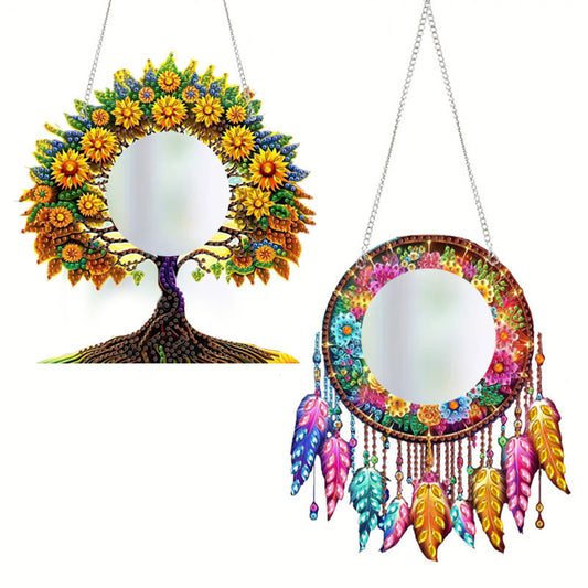 2pcs 2D Flat DIY Tree Of Life Dream Catcher Hanging Mirror Diamond Art Kits for Wall