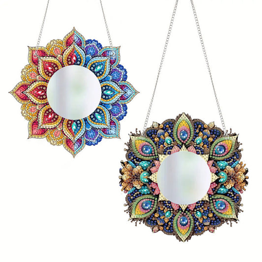 2pcs 2D Flat DIY Flowers Hanging Mirror Diamond Art Kits Wall Door Decoration