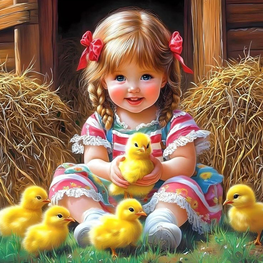 Diamond Painting - Full Round - Little Girl And Chicken (40*40CM)