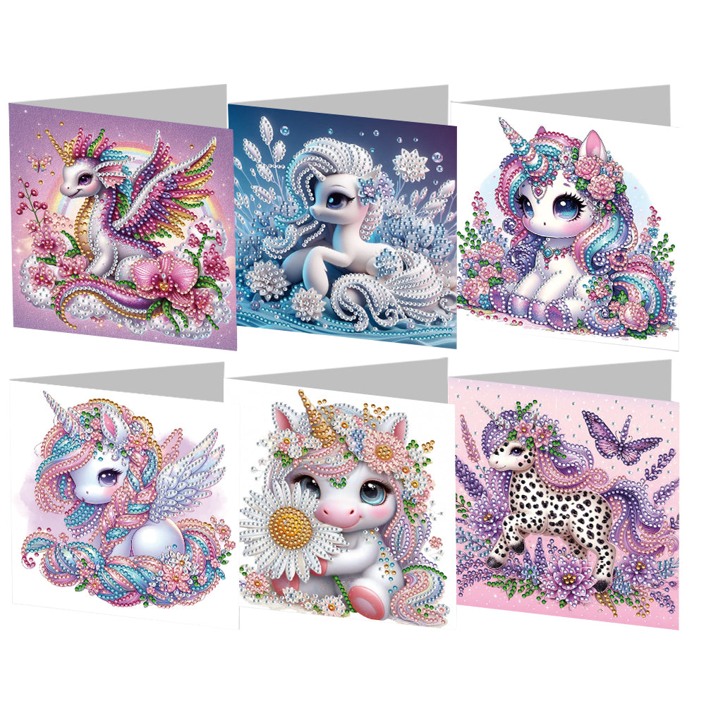 6PCS Rainbow White Horse DIY Diamond Art Greeting Cards Congratulations Cards