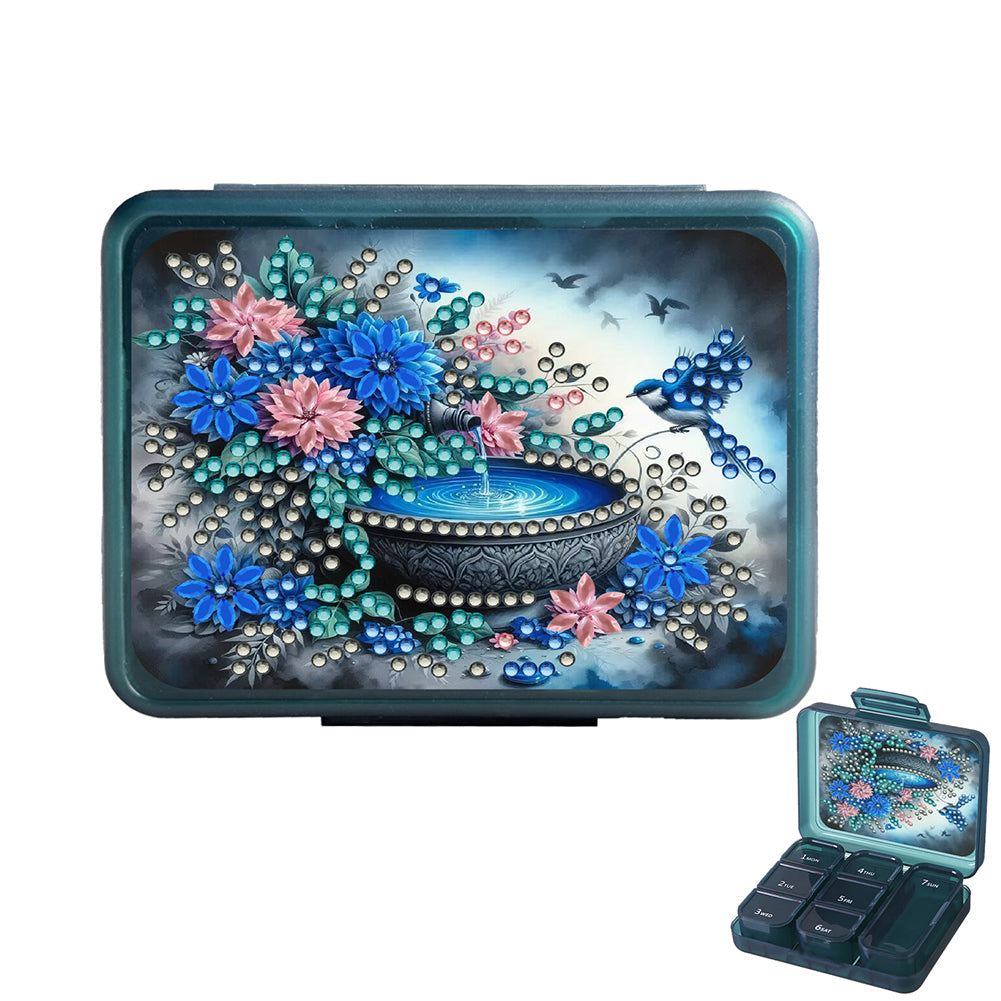 Flowers Birds Pond Rhinestones Pill Storage Box Diamond Painting Pill Case