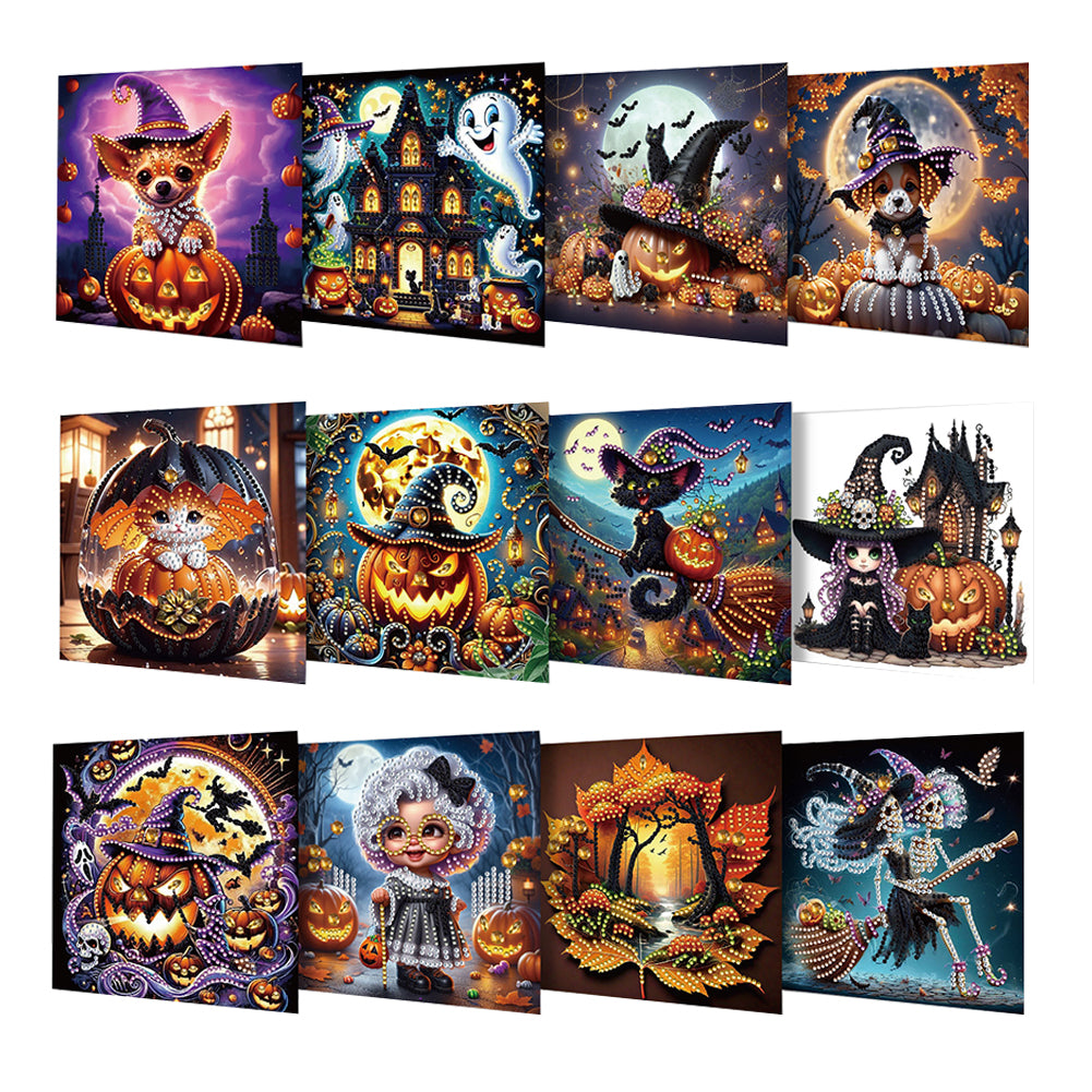 12Pcs Halloween Diamond Painting Greeting Card Set for Festivals and Celebration