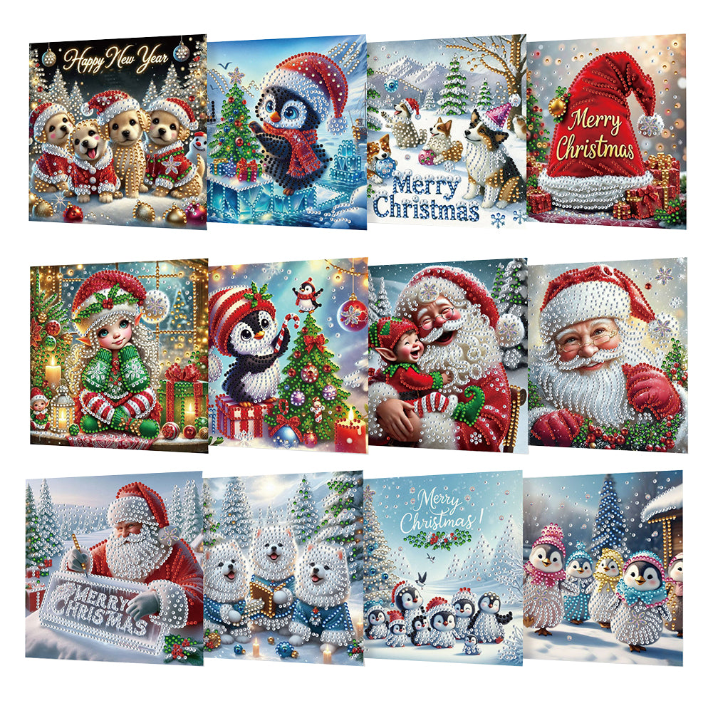 12Pcs Xmas Diamond Painting Greeting Card Set for Festivals and Celebrations