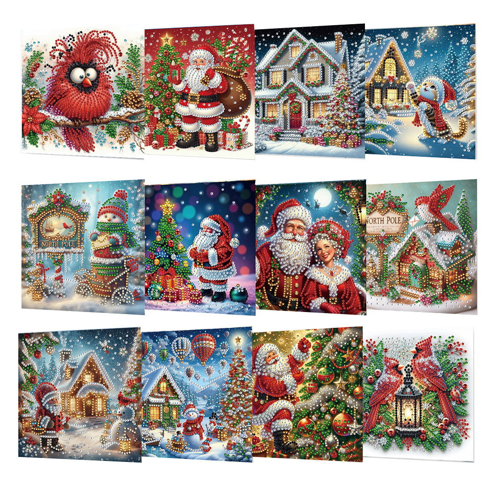 12Pcs Xmas Diamond Painting Greeting Card Set for Festivals and Celebrations