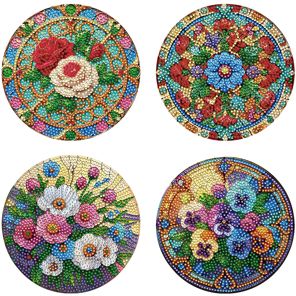 4pcs DIY Diamond Dot Kits Flowers Diamond Painting Placemats Projects for Beginner