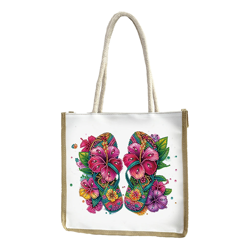 5D Diamond Painting Handbag DIY Linen Shopping Storage Bag (Flower Slippers)