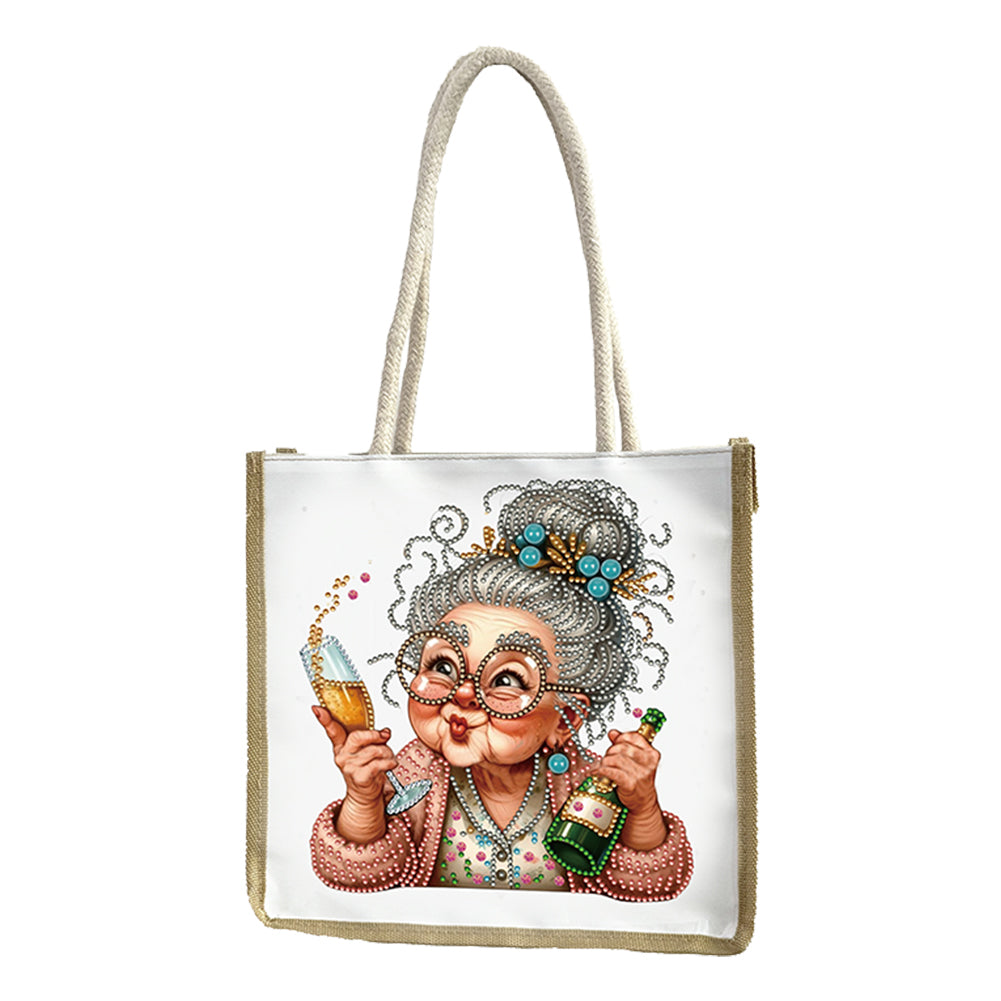 5D Diamond Painting Handbag DIY Linen Shopping Storage Bag for Women (Old Lady)