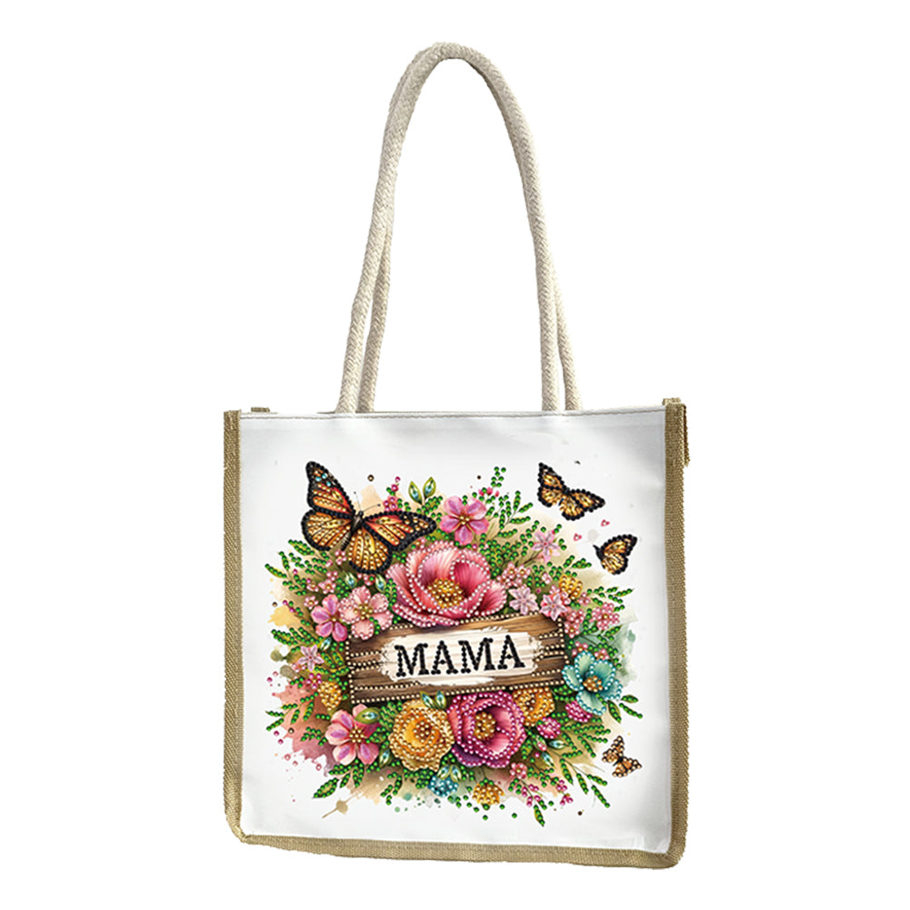 5D Diamond Painting Handbag DIY Linen Shopping Storage Bag (Flower Butterfly)