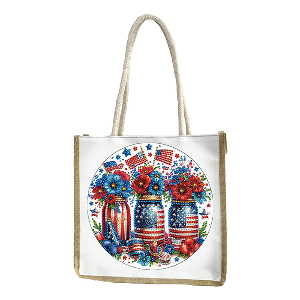 5D Diamond Painting Handbag DIY Linen Shopping Storage Bag (USA Flag Vase)