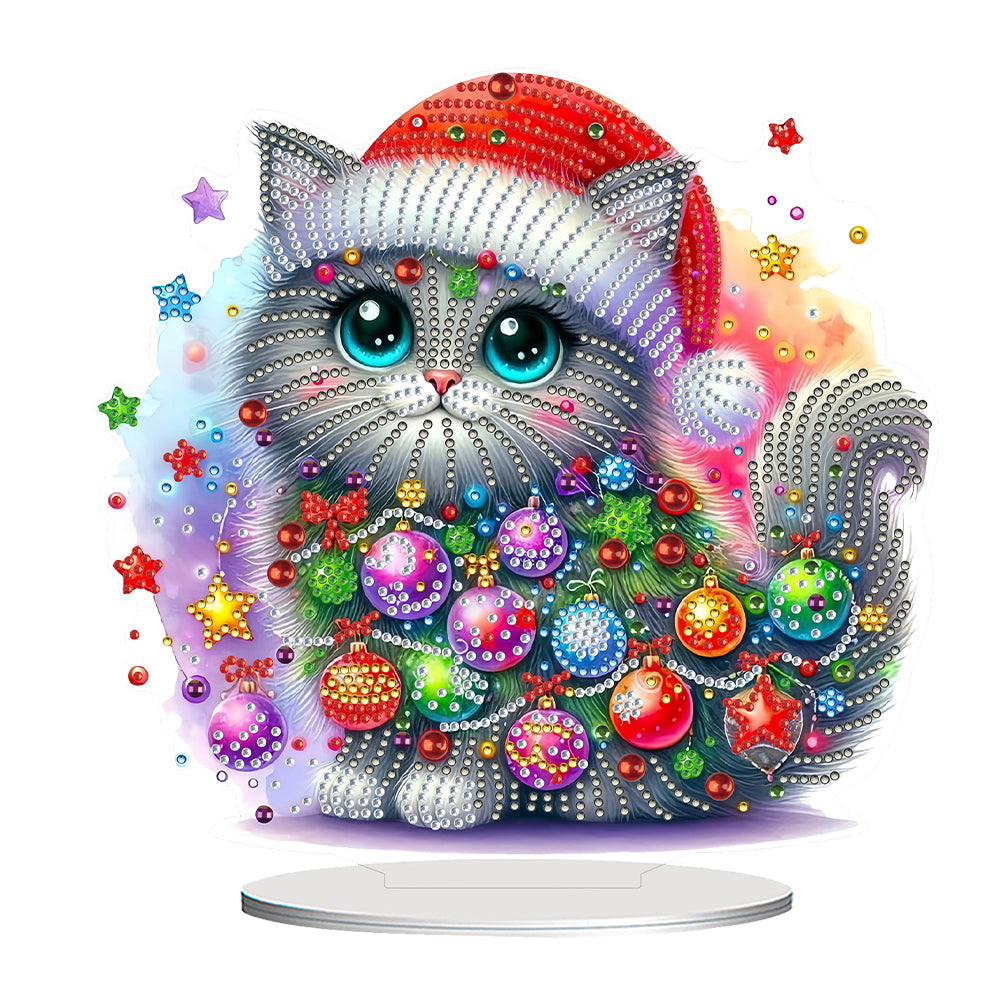 2D Flat Christmas Cat Table Top Diamond Painting Ornament Kits Home Decor