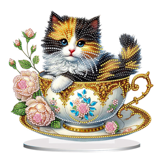 2D Flat Print Teacup Cat DIY Diamond Painting Desktop Decorations Desktop Decor
