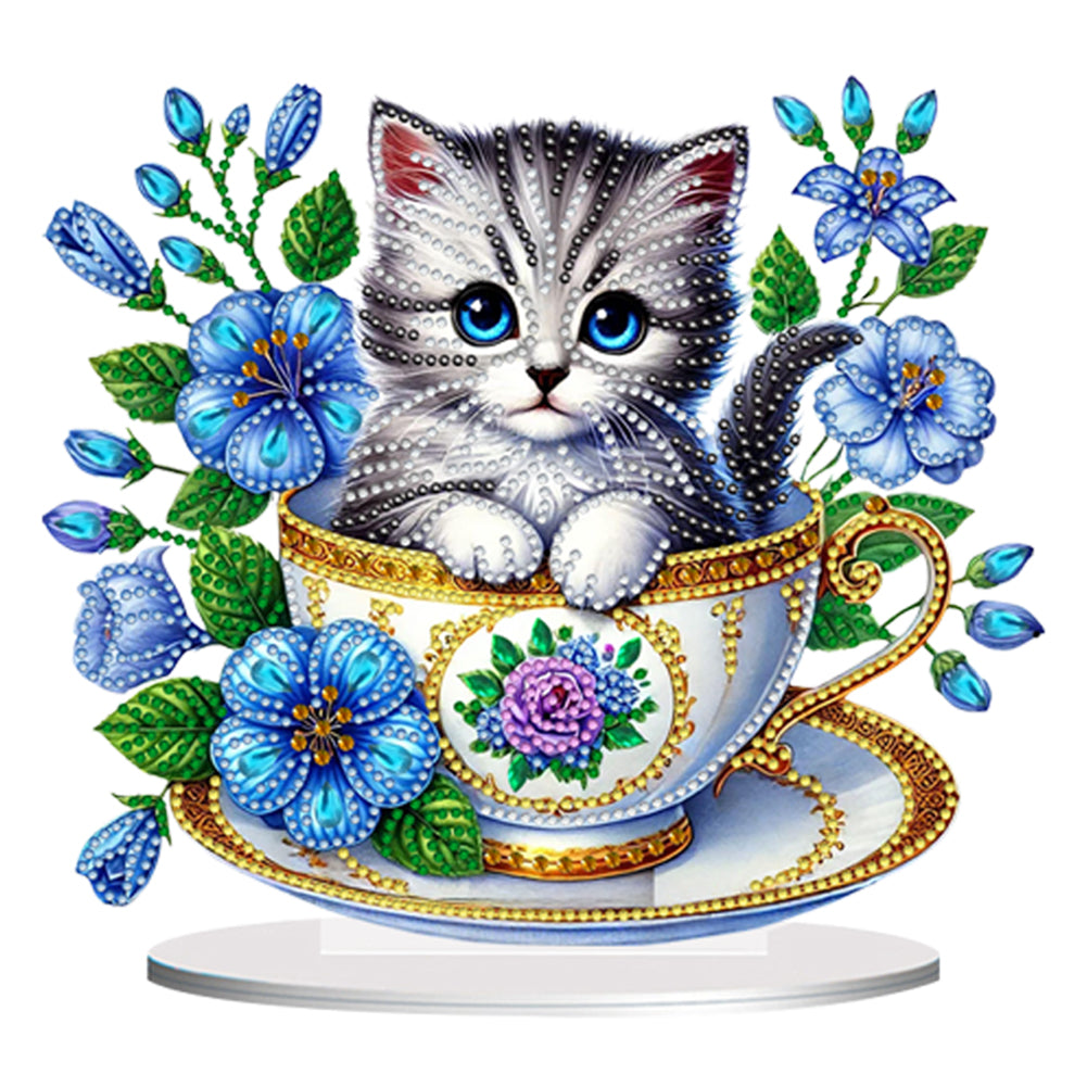 2D Flat Print Teacup Cat DIY Diamond Painting Desktop Decorations Desktop Decor