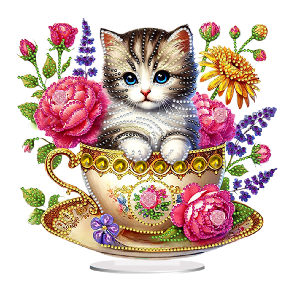 2D Flat Print Teacup Cat DIY Diamond Painting Desktop Decorations Desktop Decor