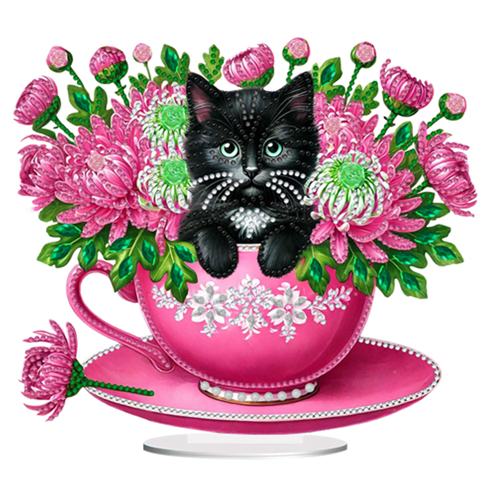 2D Flat Print Teacup Cat DIY Diamond Painting Desktop Decorations Desktop Decor