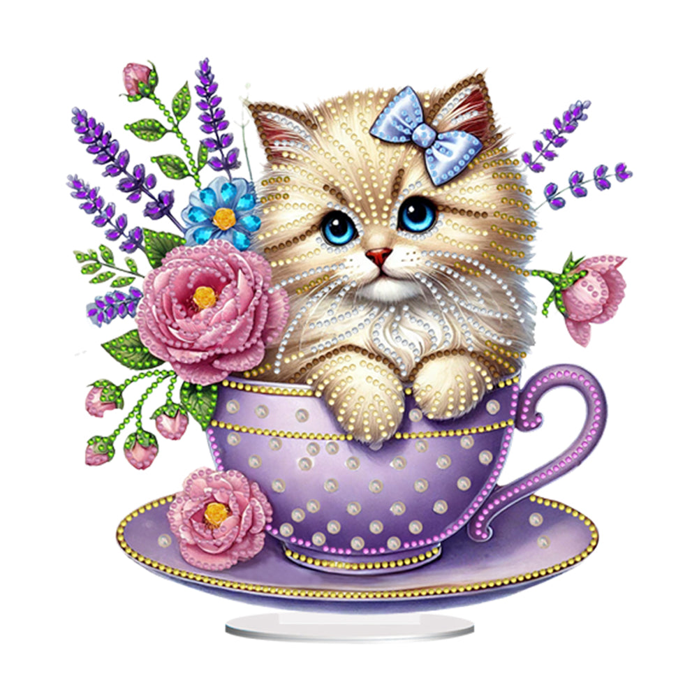 2D Flat Print Teacup Cat DIY Diamond Painting Desktop Decorations Desktop Decor