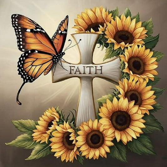 Diamond Painting - Full Round - Sunflower Butterfly Cross (30*30CM)