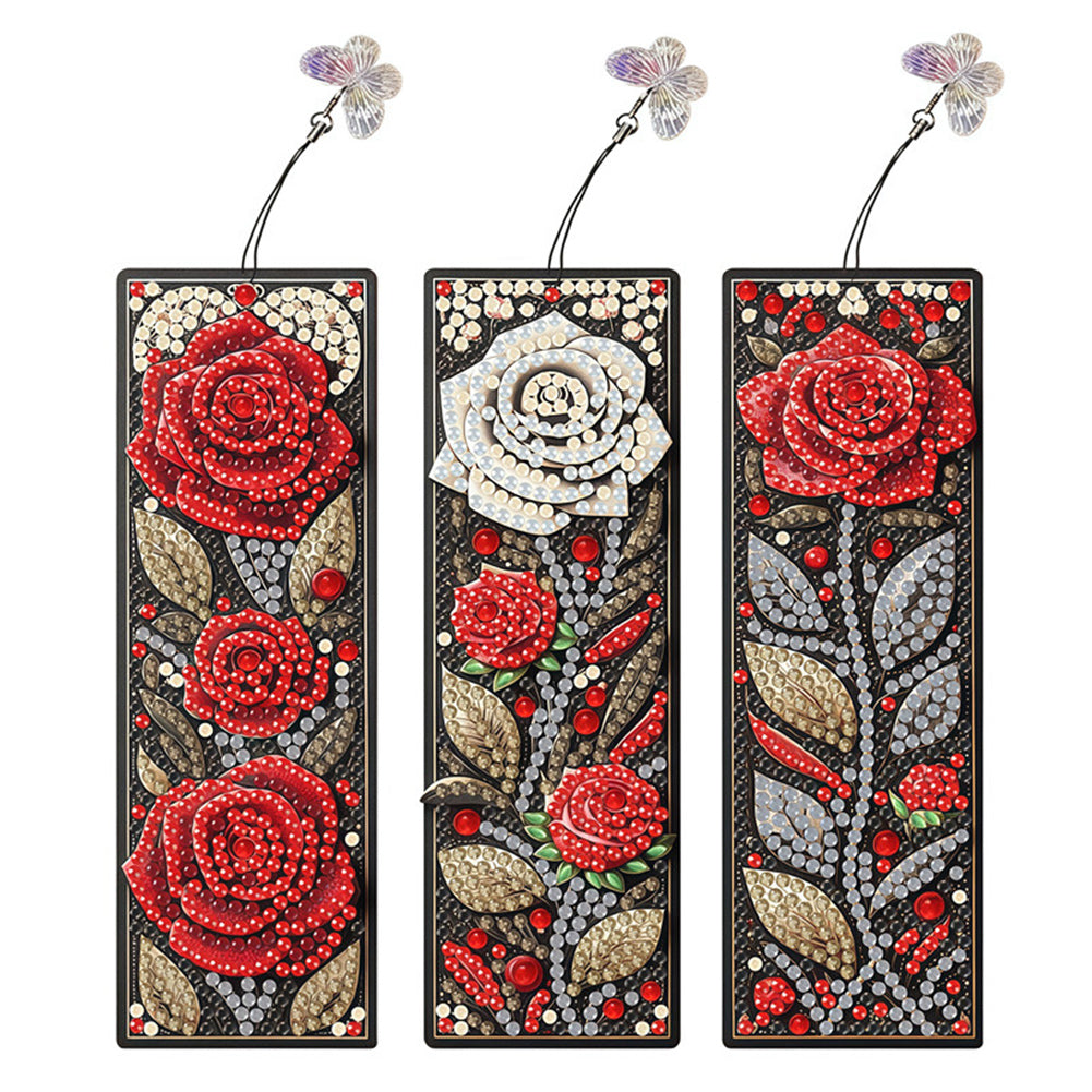 3Pcs Roses DIY Diamond Painting Bookmark with Pendant for Reading Enthusiasts