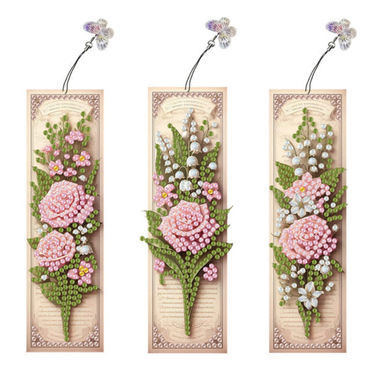 3Pcs Pink Roses DIY Diamond Painting Bookmark with Pendant for Reading Lovers