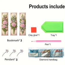 Load image into Gallery viewer, 3Pcs Pink Roses DIY Diamond Painting Bookmark with Pendant for Reading Lovers
