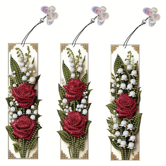 3Pcs Red Roses DIY Diamond Painting Bookmark with Pendant for Reading Enthusiast