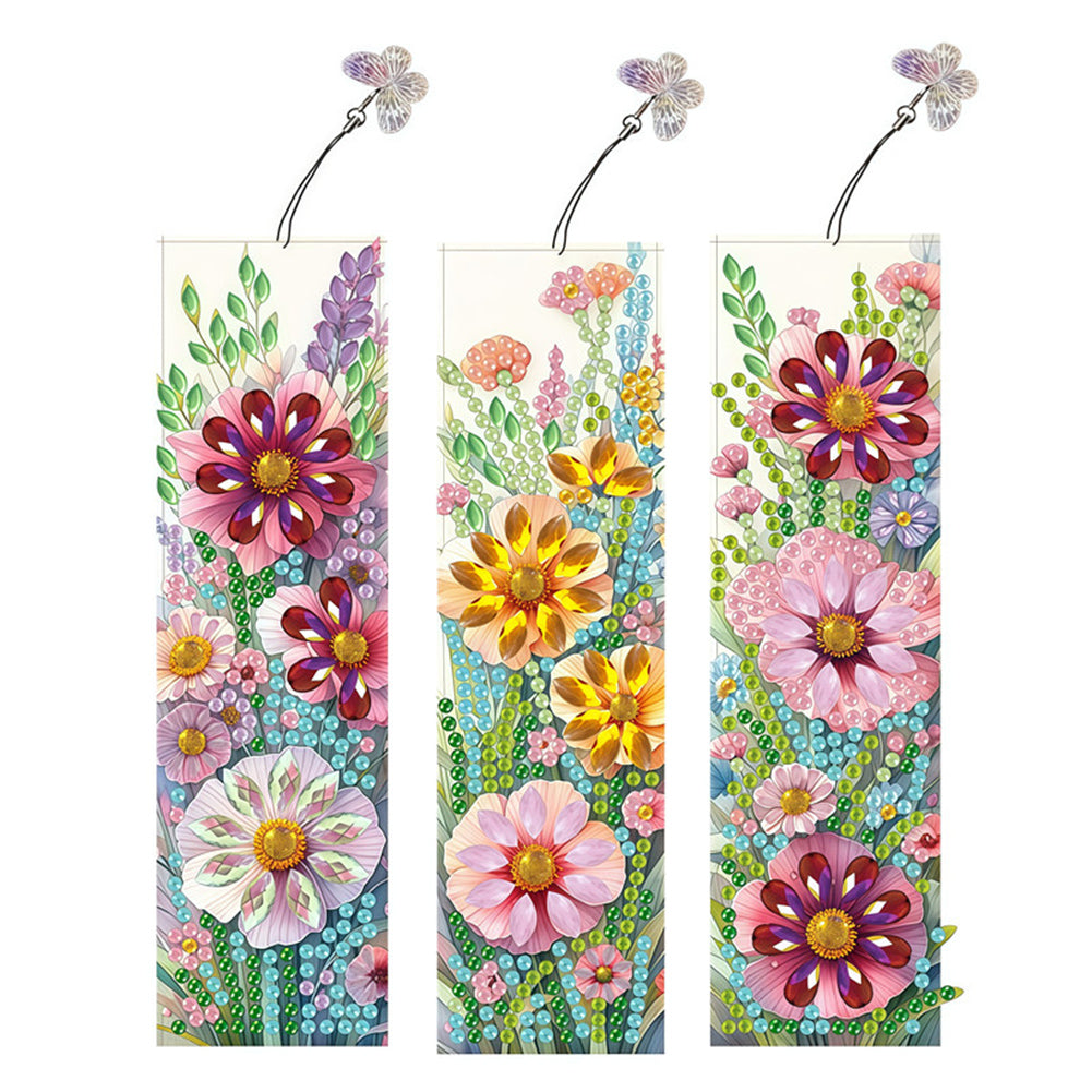 3Pcs Flowers DIY Diamond Painting Bookmark with Pendant for Reading Enthusiasts