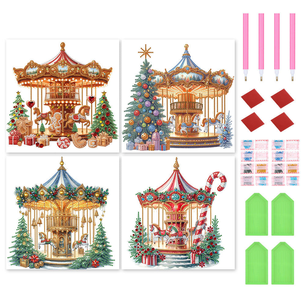 4pcs Diamond Painting - Partial Special Shaped - Merry-Go-Round And Christmas Tree (30*30CM)