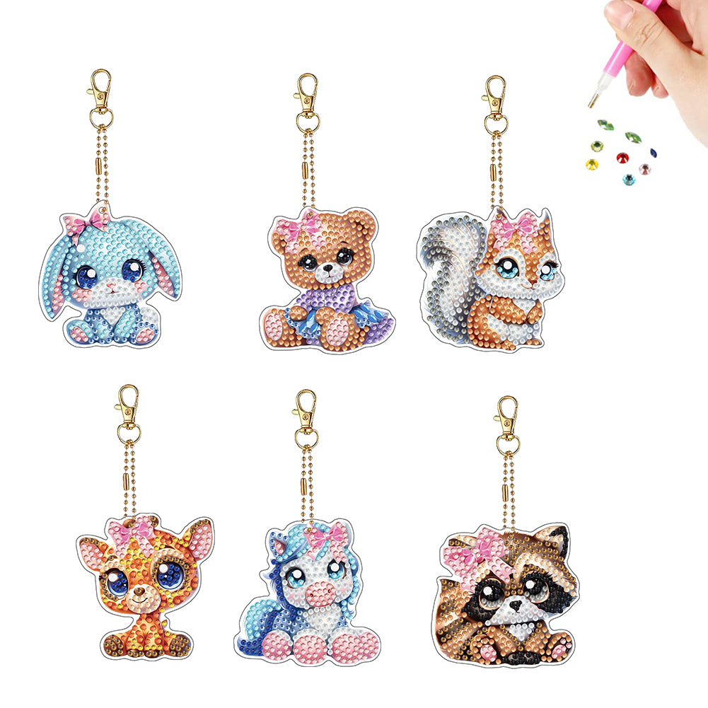 6pcs Double Sided Special Shape Animal Diamond Painting Art Craft Keychain for Bag