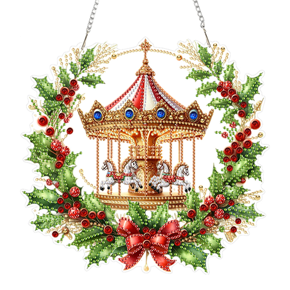 2D Flat Acrylic DIY Xmas Carousel Wreath Hanging Diamond Art Kits for Wall Door