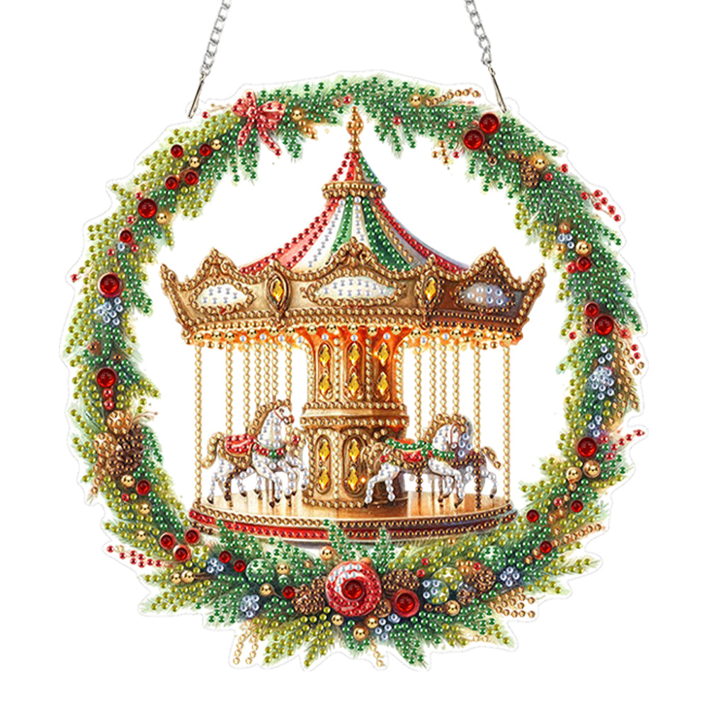 2D Flat Acrylic DIY Carousel Wreath Hanging Diamond Art Kits for Wall Door