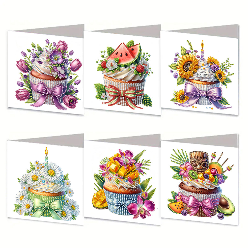 6PCS DIY Cake Flower Diamond Painting Greeting Cards Congratulations Cards