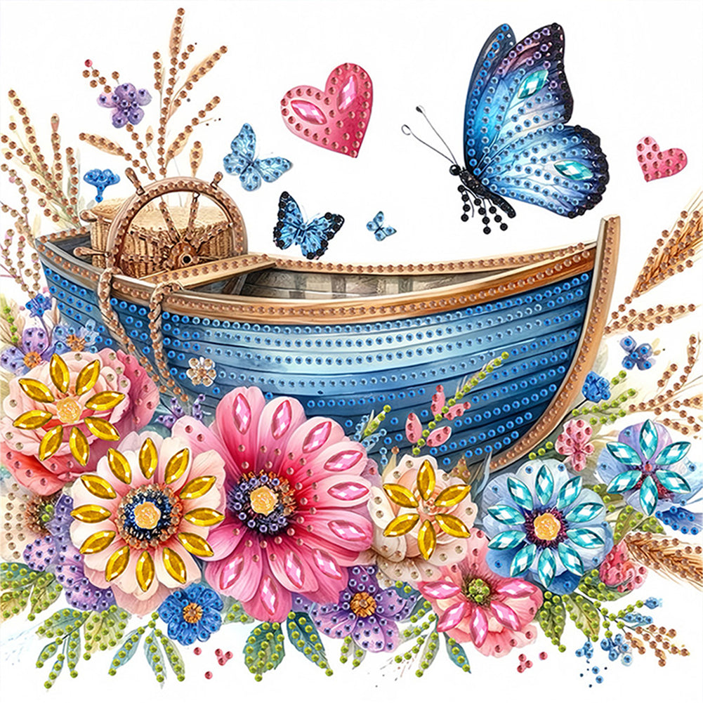 Diamond Painting - Partial Special Shaped - Blooming Flower Boat Butterfly (30*30CM)