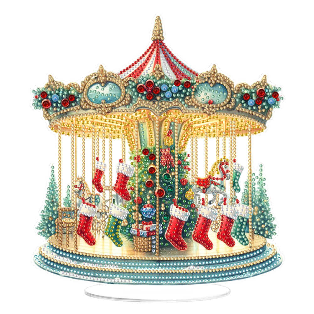 2D Flat Print Xmas Carousel DIY Table Top Diamond Painting Ornament Kits