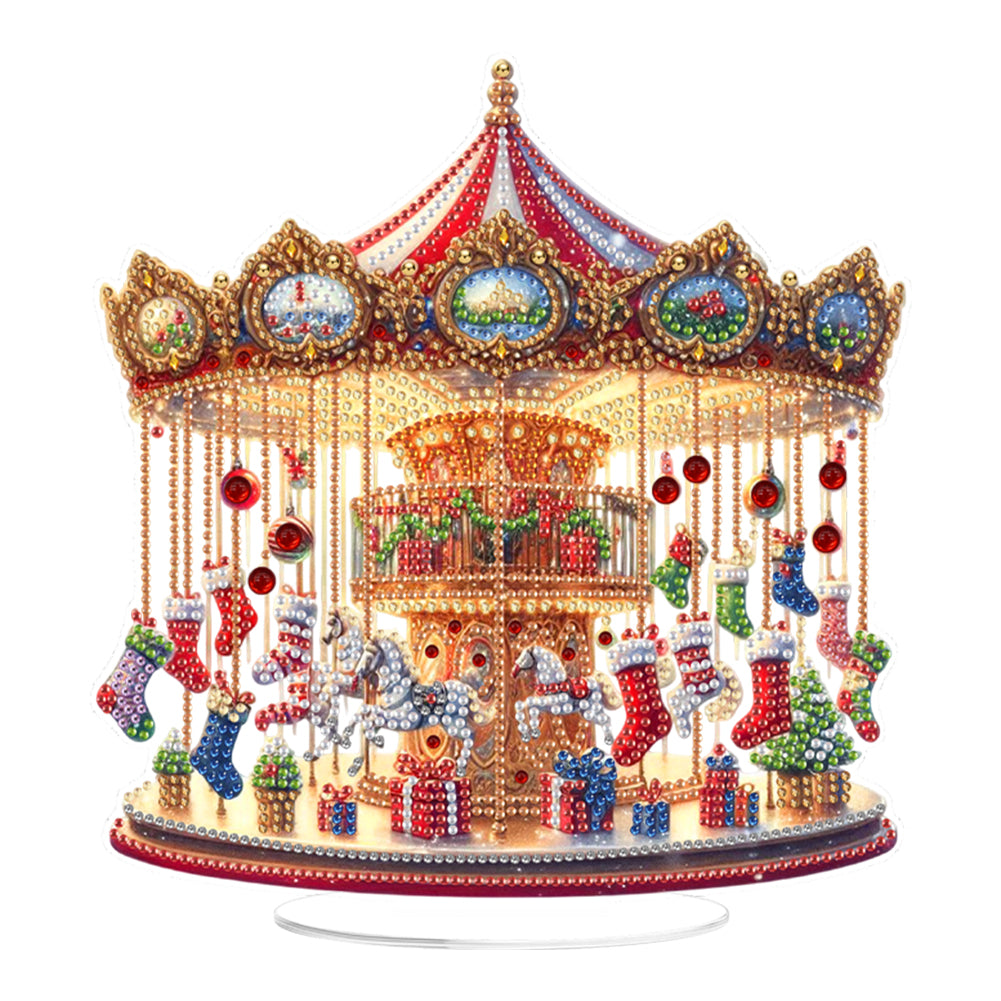 2D Flat Print Xmas Carousel DIY Table Top Diamond Painting Ornament Kits