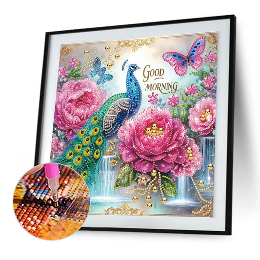 Diamond Painting - Partial Special Shaped - Peacock And Flowers (30*30CM)