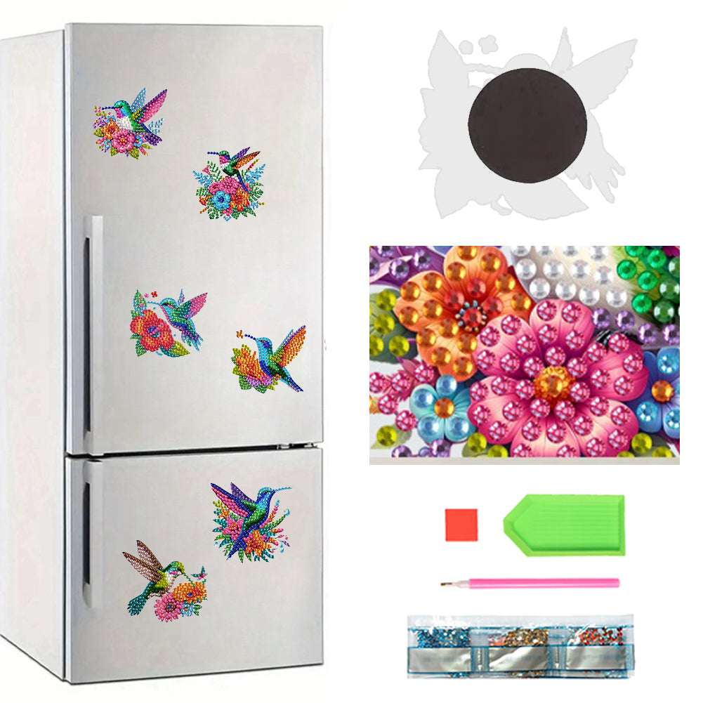 6Pcs Acrylic 2D Flat Hummingbird Flowers Diamond Painting Fridge Magnet