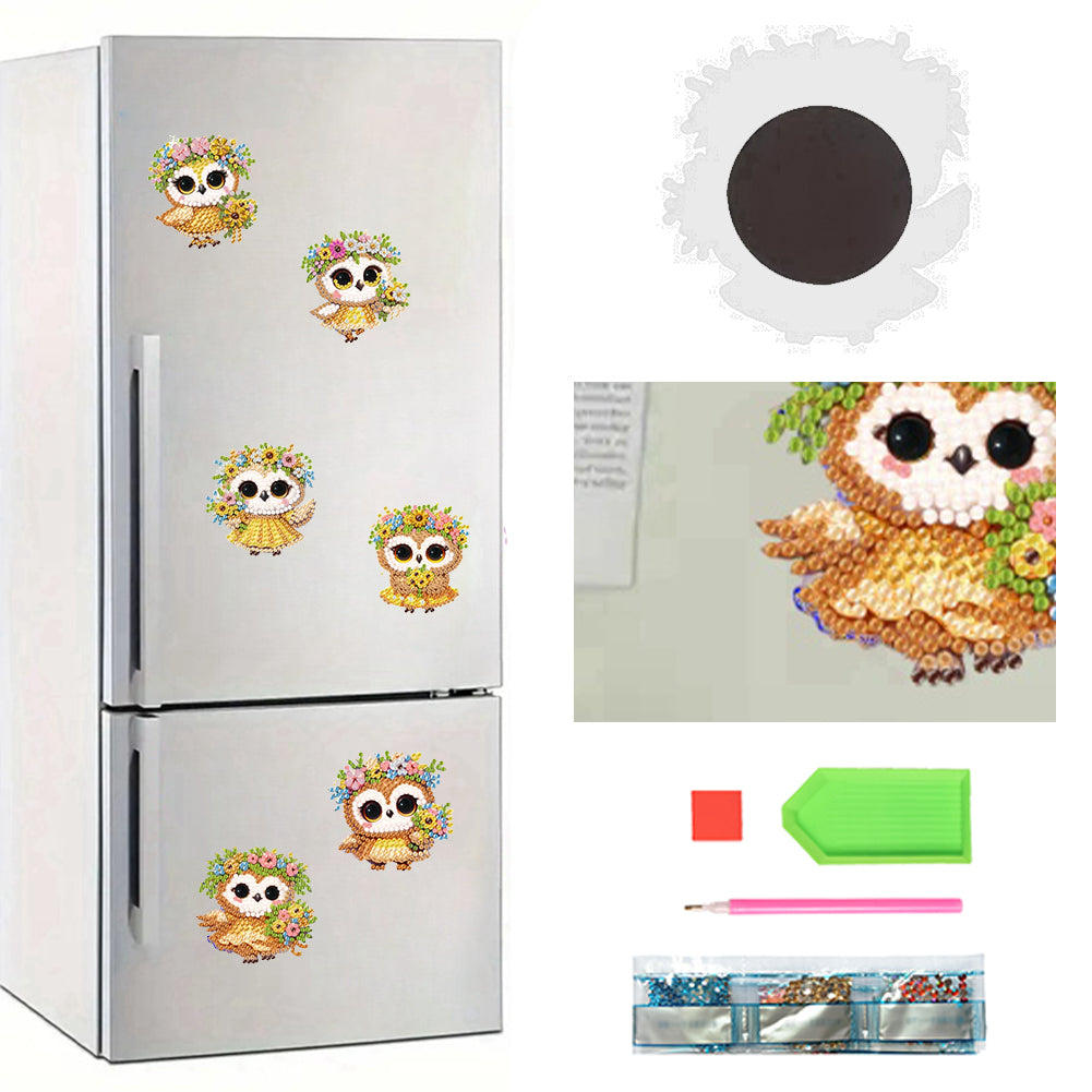 6Pcs Acrylic 2D Flat Owl Girl Diamond Painting Fridge Magnet for Whiteboard