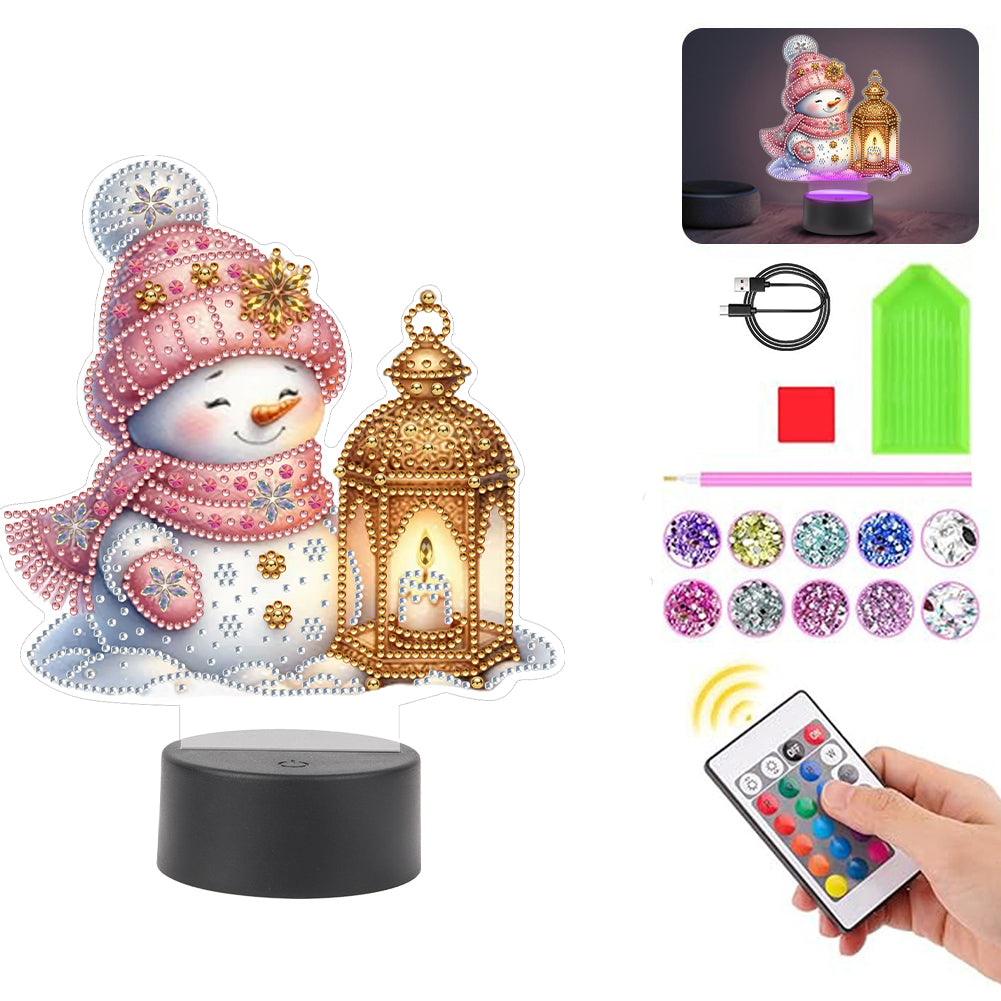 Acrylic Double Sided Xmas Snowman 5D Diamond Painting Night Light for Tabletop Christmas