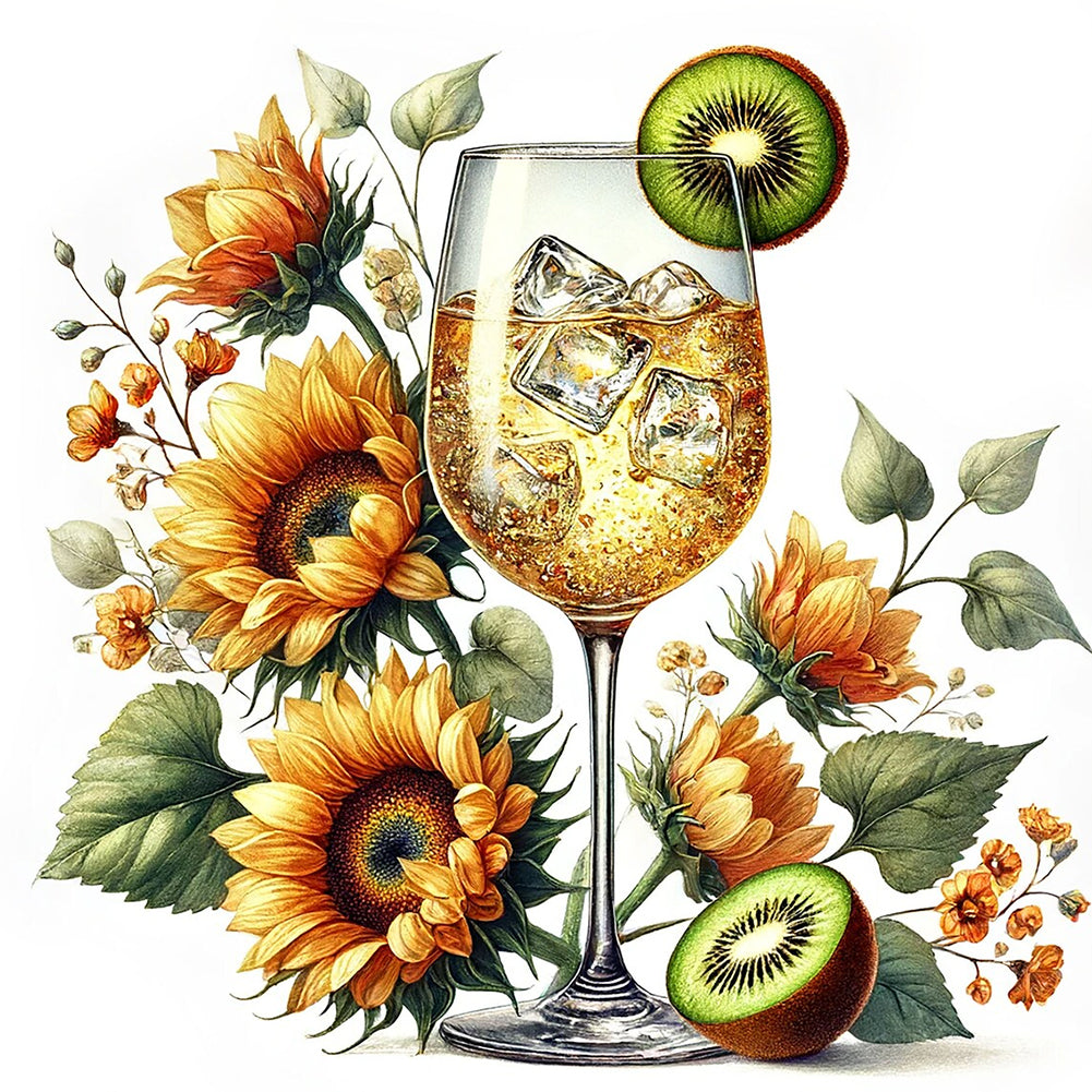 Diamond Painting - Full Round - Wine Glass And Sunflower (30*30CM)