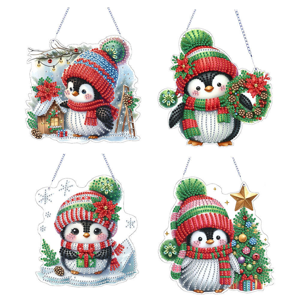 4pcs Christmas 2D Flat DIY Rhinestone Diamond Painting Art Window Pendants