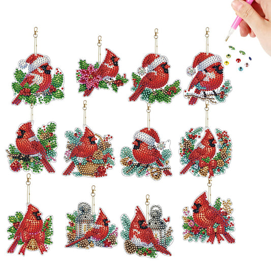 12pcs Christmas Cardinal Diamond Painting Keychains Kit DIY Diamond Art Charms
