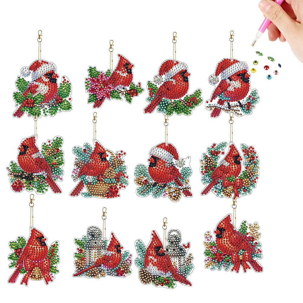 12pcs Christmas Cardinal Diamond Painting Keychains Kit DIY Diamond Art Charms