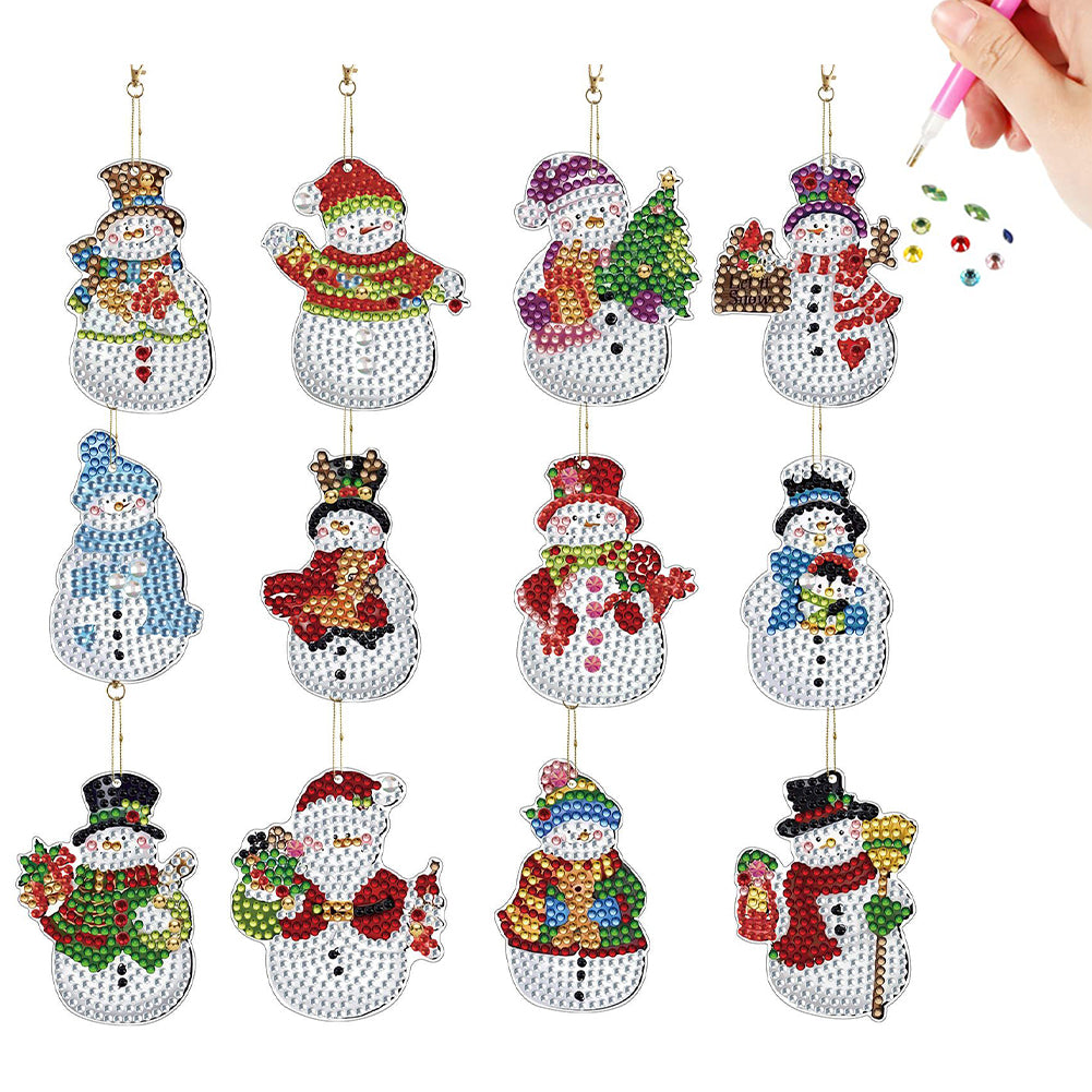 12pcs Christmas Snowman Diamond Painting Keychains Kit DIY Diamond Art Charms