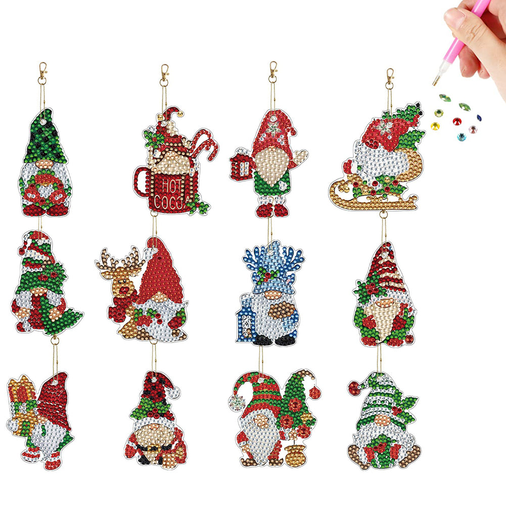 12pcs Christmas Gnome Diamond Painting Keychains Kit DIY Diamond Art Charms
