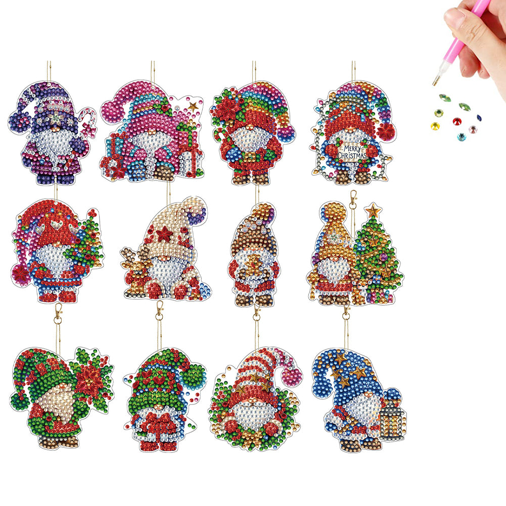 12pcs Christmas Gnome Diamond Painting Keychains Kit DIY Diamond Art Charms