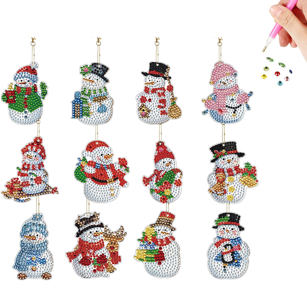 12pcs Christmas Snowman Diamond Painting Keychains Kit DIY Diamond Art Charms