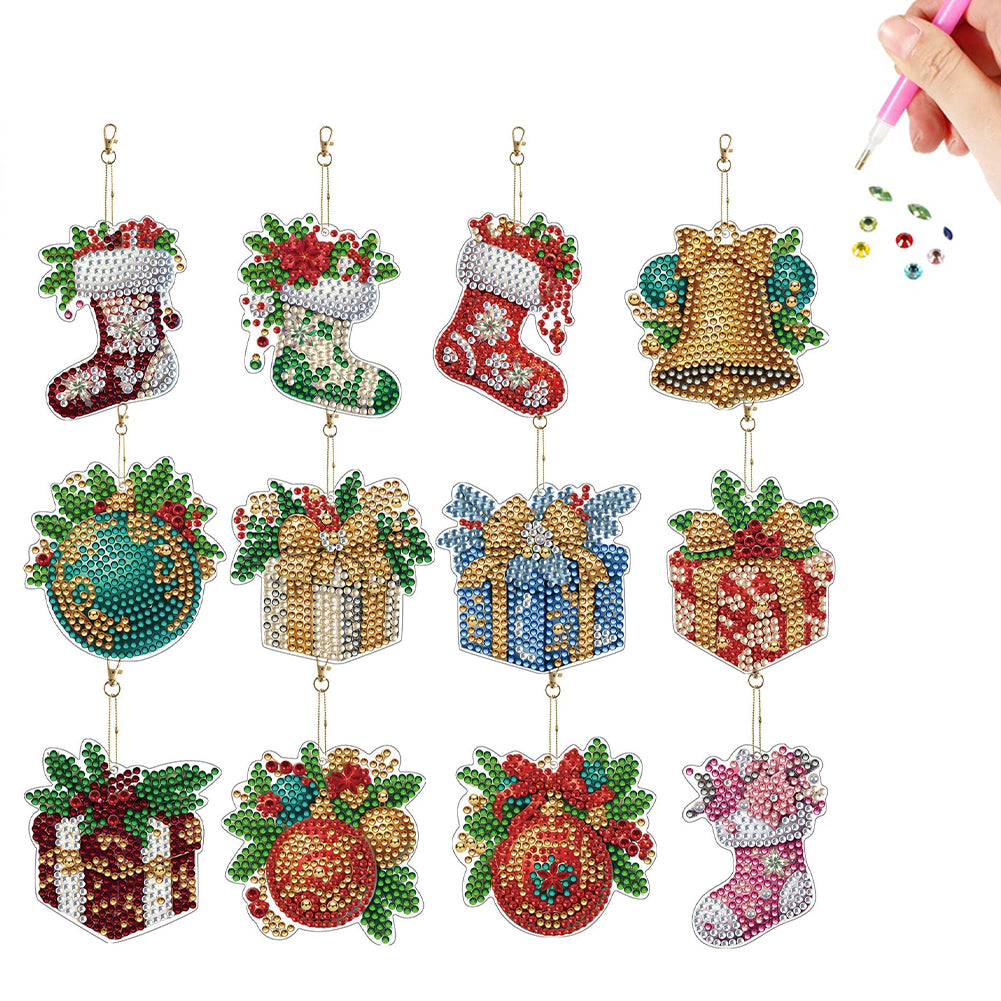 12pcs Christmas Gifts Diamond Painting Keychains Kit DIY Diamond Art Charms
