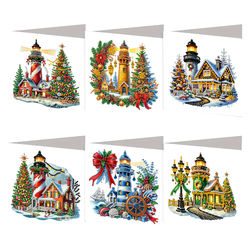 6PCS Xmas Lighthouse DIY Diamond Art Greeting Cards Congratulations Cards & Gift Christmas