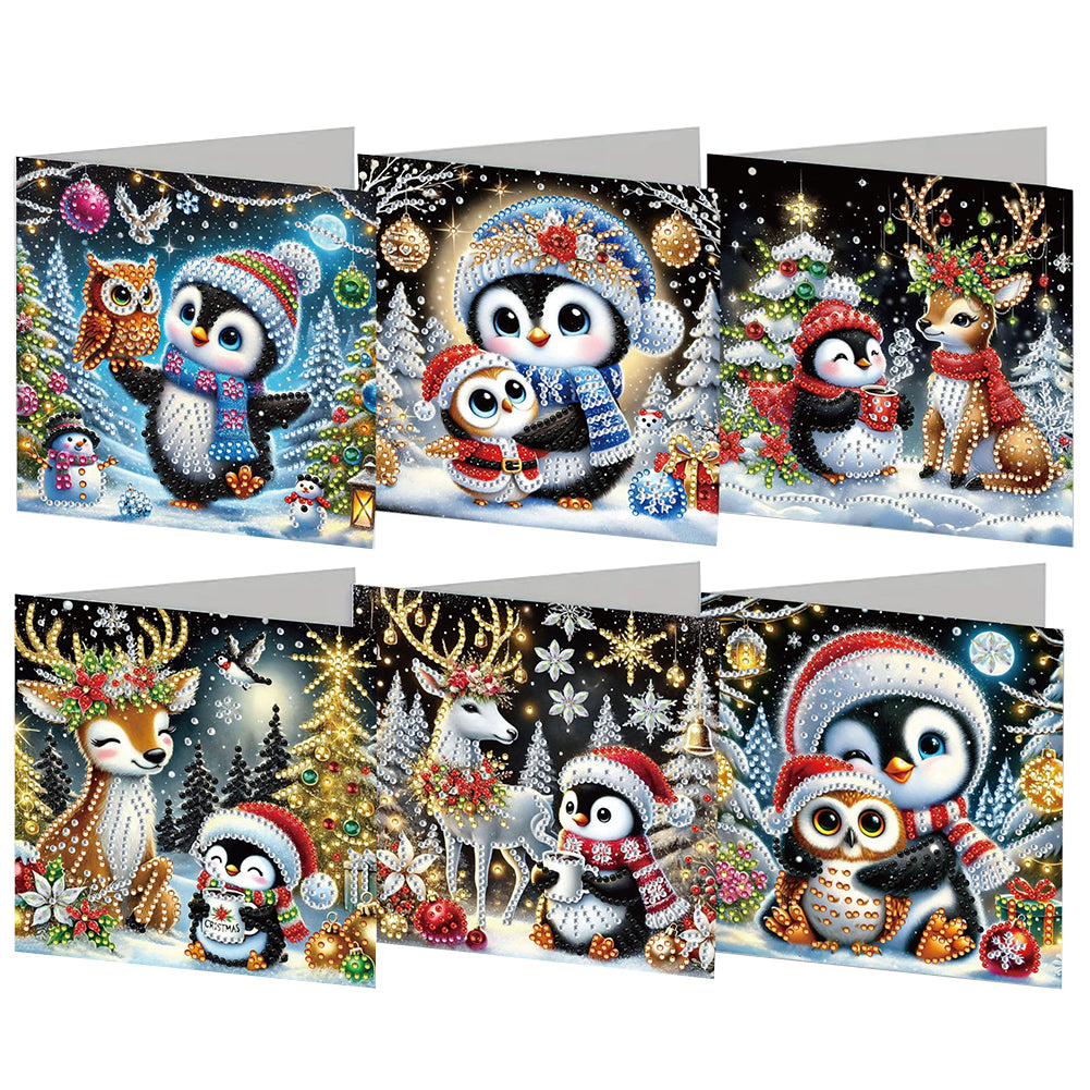 6PCS Christmas Penguin DIY Diamond Art Greeting Cards Congratulations Cards