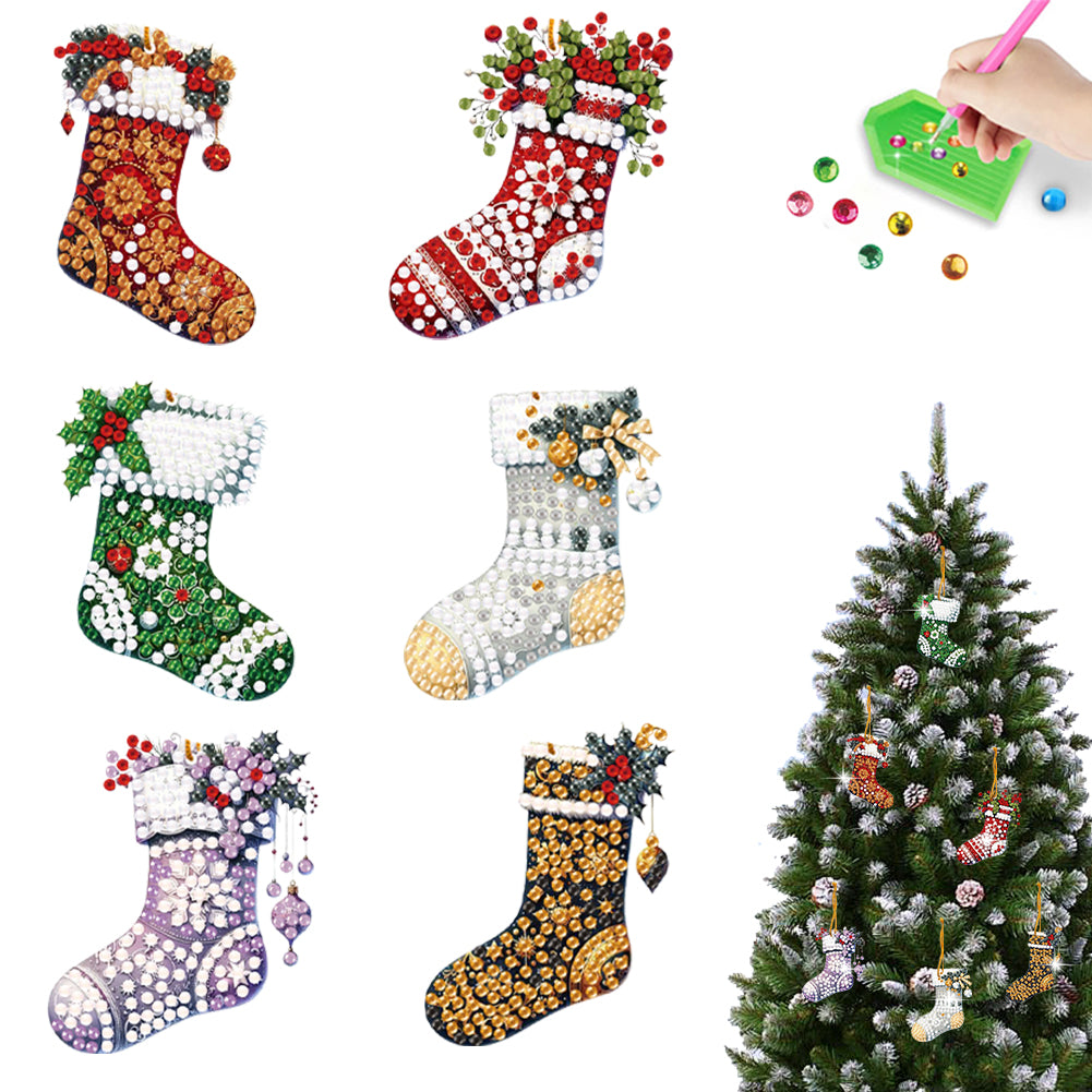 6pcs Xmas Stockings 2D Flat DIY Diamond Art Pendant Wall Door Decoration Christmas